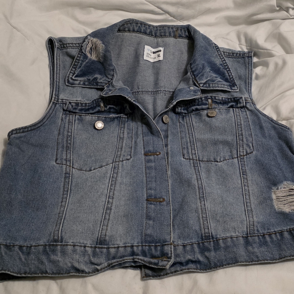 Blue Denim Vest with Distressed Details
